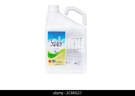 Moldova, Tiraspol - May 14, 2019: Plant protection products, Insecticides - Saheb. Isolate on a white background.