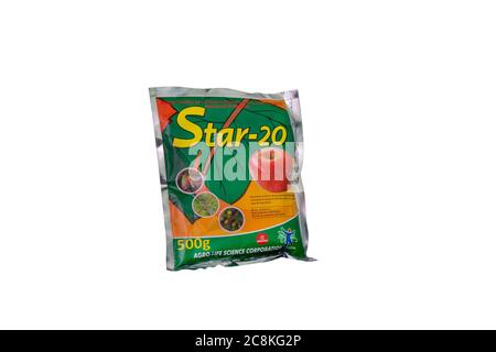 Moldova, Tiraspol - May 14, 2019: Plant protection products, Insecticides - Star 20 (Mospilan). Isolate on a white background.