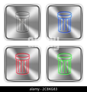 Color trash icons engraved in glossy steel push buttons. Well organized layer structure, color swatches and graphic styles. Stock Vector