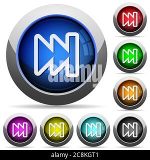 Set of round glossy media fast forward buttons. Arranged layer structure. Stock Vector