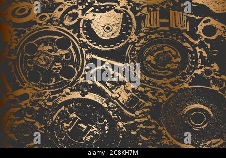 Luxury golden gradient background with distressed metal gear, cogwheel texture. Stock Vector