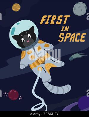 Fun cat astronaut in space. Vector cartoon charters. Editable vector illustration. Stock Vector