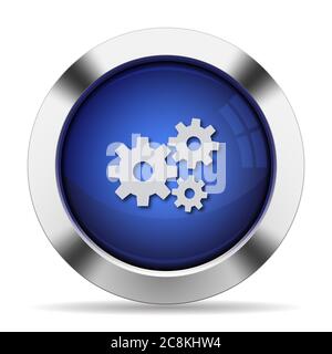 Blue glossy steel gears button Stock Vector