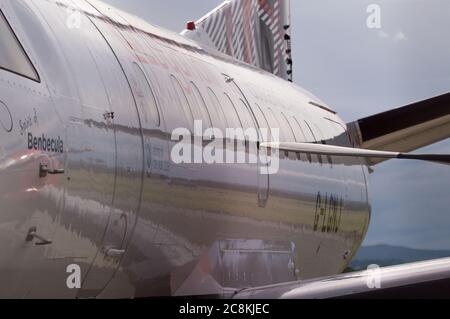 Glasgow, Scotland, UK. 21 July 2020. Pictured: Loganair Saab 340 aircraft sen on the tarmac one evening during the coronavirus (COVID19) crisis. Loganair are slowly starting back part of their flying schedule. Credit: Colin Fisher/Alamy Live News. Stock Photo