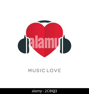 Headphones icon with heart book shape on white background. Love themed musical concept. Stock Vector