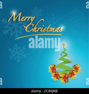 Merry christmas tree card illustration design over a blue background Stock Vector