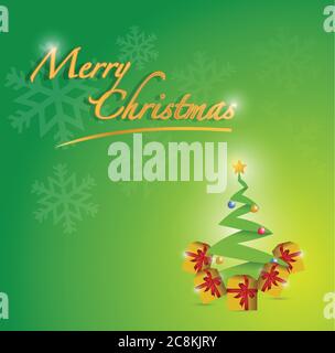 Merry christmas tree card illustration design over a green background Stock Vector