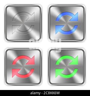 Color refresh icons engraved in glossy steel push buttons. Well organized layer structure, color swatches and graphic styles. Stock Vector
