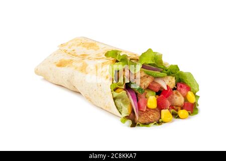 Tortilla wrap with vegetables and fried chicken meat Stock Photo