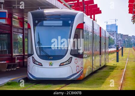 Guangzhou,China. 7/25/2020 The new tram system in Huangpu District. Guangzhou Economic and Technological Development Zone,This is a new traffic system Stock Photo