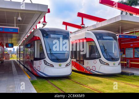 Guangzhou,China. 7/25/2020 The new tram system in Huangpu District. Guangzhou Economic and Technological Development Zone,This is a new traffic system Stock Photo