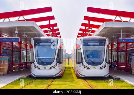 Guangzhou,China. 7/25/2020 The new tram system in Huangpu District. Guangzhou Economic and Technological Development Zone,This is a new traffic system Stock Photo