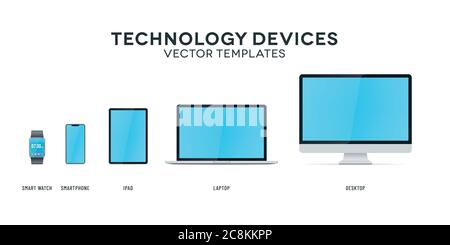 Laptop, smartphone, tablet pc, desktop pc, smart watch mockups on white background. Technology devices vector templates. Stock Vector