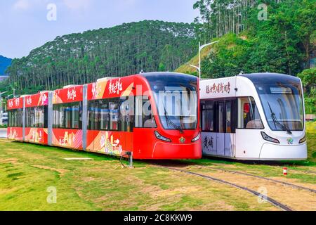 Guangzhou,China. 7/25/2020 The new tram system in Huangpu District. Guangzhou Economic and Technological Development Zone,This is a new traffic system Stock Photo