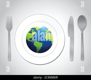 Globe and plate utensils illustration design over a white background Stock Vector
