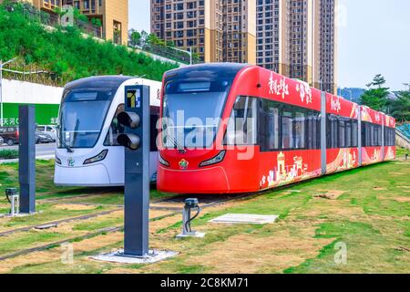 Guangzhou,China. 7/25/2020 The new tram system in Huangpu District. Guangzhou Economic and Technological Development Zone,This is a new traffic system Stock Photo