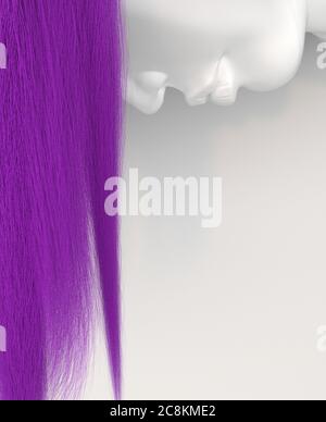 Woman's face upside down with long flowing purple hair on a white background. Bright colorful hair. Creative conceptual illustration with copy space. Stock Photo