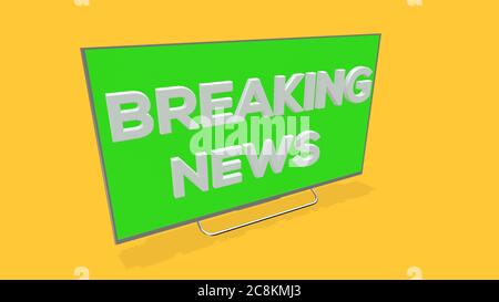 3D illustration of a breaking news TV screen on yellow background Stock Photo