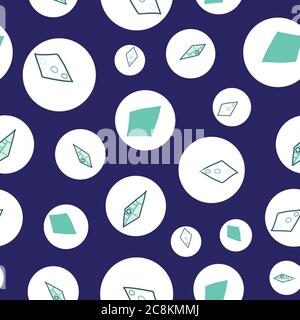 Teal diamond shape doodles in white circles on dark blue background seamless pattern Vector hand drawn illustration surface design Stock Vector
