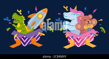 Open gift boxes for boy with dinosaur and space rocket and for girl with unicorn and teddy bear. Set of elements for a happy birthday greeting card an Stock Vector
