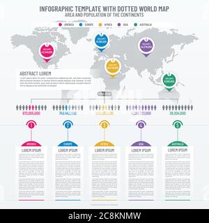 Infographic vector template with world map. Mapping design elements such as dotted world map, continents, human figures, pointers. Stock Vector