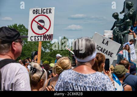 Montreal, Canada - 25 July 2020: Protest against mandatory masks in Quebec Stock Photo