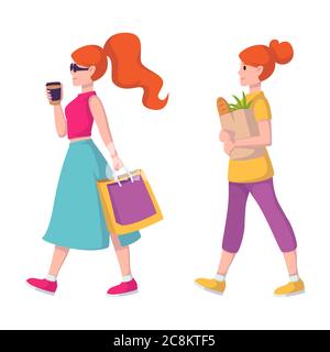 Red-haired lady in sunglasses and with coffee in hand goes to buy clothes. Shopping girl. Ginger hair woman carries a paper bag with groceries from th Stock Vector