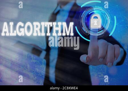 Text sign showing Algorithm. Business photo text procedure for solving a problem or accomplishing tasks etc. Graphics padlock for web data information Stock Photo