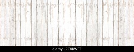 Old white wood wall panel pattern. Panorama white wooden plank texture for background. Stock Photo