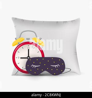 Good Night Abstract Background with Funny Sleeping Mask, alarm clock and pillow. Vector Illustration Stock Vector