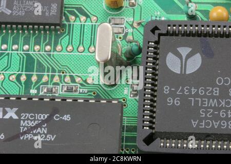 Electronic circuit board with close up macro. Stock Photo
