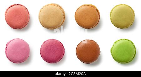 various colorful macaroons isolated on white background, top view Stock Photo
