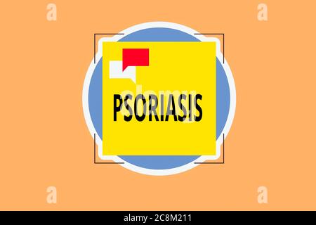 Writing note showing Psoriasis. Business concept for chronic skin disease characterized by patches with white scales Two Speech Bubble Overlapping on Stock Photo