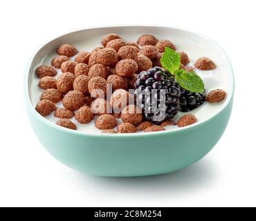 bowl of sweet breakfast cereal chocolate balls with milk and blackberries isolated on white background Stock Photo