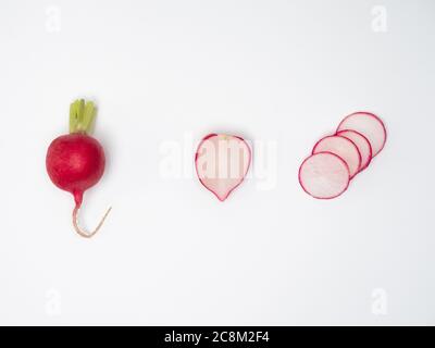 Set of fresh radishes in knolling concept on white background. Overhead shot.  Stock Photo