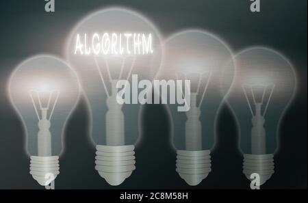 Text sign showing Algorithm. Business photo text procedure for solving a problem or accomplishing tasks etc. Realistic colored vintage light bulbs, id Stock Photo