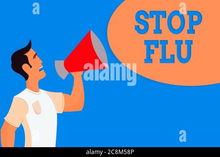 Word writing text Stop Flu. Business photo showcasing put an end of the viral infection of your lungs and airways Man in Shirt Standing Talking Holdin Stock Photo
