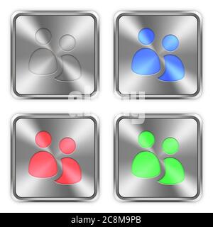 Color user group icons engraved in glossy steel push buttons. Well organized layer structure, color swatches and graphic styles. Stock Vector