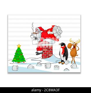 Santa, penguin and deer near the new year tree on the roof of the house, isolated on white, illustration Stock Photo