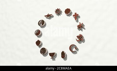 SYMBOLS OF ALL RELIGIONS on the wall. 3D illustration of metallic sculpture over a white background with mild texture. icon and design Stock Photo