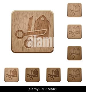 Set of carved wooden price cut buttons. 8 variations included. Arranged layer structure. Stock Vector