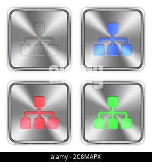 Color network icons engraved in glossy steel push buttons. Well organized layer structure, color swatches and graphic styles. Stock Vector