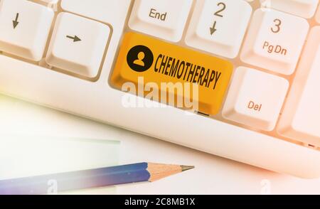 Conceptual hand writing showing Chemotherapy. Concept meaning the treatment of disease by the use of chemical substances Colored keyboard key with acc Stock Photo
