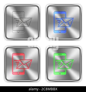 Color smartphone mail icons engraved in glossy steel push buttons. Well organized layer structure, color swatches and graphic styles. Stock Vector