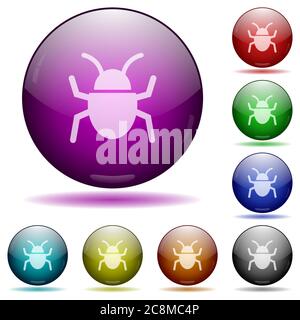 Set of color computer bug glass sphere buttons with shadows. Arranged layer structure. Stock Vector