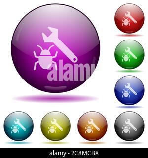 Set of color bug fixing glass sphere buttons with shadows. Arranged layer structure. Stock Vector