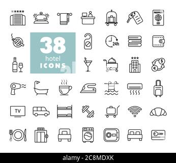 Hotel vector flat icon set. Graph symbol for travel and tourism web site and apps design, logo, app, UI Stock Vector