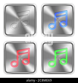 Color music icons engraved in glossy steel push buttons. Well organized layer structure, color swatches and graphic styles. Stock Vector
