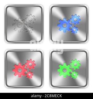 Color gears icons engraved in glossy steel push buttons. Well organized layer structure, color swatches and graphic styles. Stock Vector