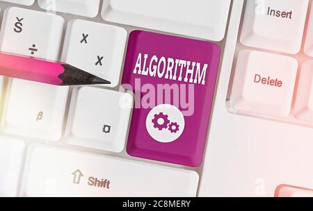Writing note showing Algorithm. Business concept for procedure for solving a problem or accomplishing tasks etc. Colored keyboard key with accessories Stock Photo